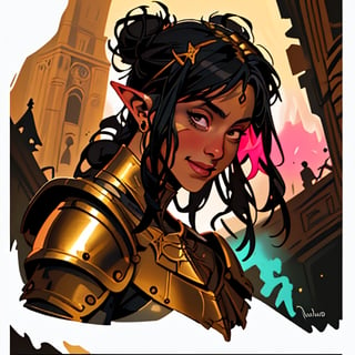 (best quality, masterpiece), portrait of a young elf woman, strong, masculine, straight black hair with a bun. large face. strong girl. giant nose. nose disproportionately larger. black eyes. a kind smile. photography, medieval armor. cinematic light, looking to the side off camera, backlight pink glow, pink, gold_(metal), mist, by mikhail vrubel, by philippe druillet, by peter elson, by gerald brom, by Richard Alan Schmid, muted colors, extreme detail. in the background there is a castle,inksketch,drow, good person, godess of love, french, cascina caradonna