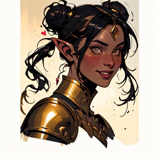 (best quality, masterpiece), portrait of a young elf woman, strong, masculine, straight black hair with a bun. large face. strong girl. giant nose. nose disproportionately larger. black eyes. a kind smile. photography, medieval armor. cinematic light, looking to the side off camera, backlight pink glow, pink, gold_(metal), mist, by mikhail vrubel, by philippe druillet, by peter elson, by gerald brom, by Richard Alan Schmid, muted colors, extreme detail. in the background there is a castle,inksketch,drow, good person, godess of love, french nose, cascina caradonna,