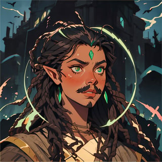 (best quality, masterpiece), portrait of a young dark tan skin elf man, feminine, black dreadlocks hair. thin mustache and a goatee portrait photography medieval clothing. cinematic light, looking to the side off camera, backlight glow, green gold, mist, by mikhail vrubel, by philippe druillet, by peter elson, by gerald brom, muted colors, extreme detail