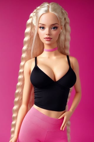 create a hyper realistic barbie girl look 20 old ,picture-perfect face,multicolored hair,pink/platinumblonde hair,braids,goddess,perfect_breasts,sexy,charming,alluring,seductive,erotic,makeup,Extremely Realistic,Detailedface,slim hips,standing_up,photo of perfecteyes eyes,sexy legs, black yoga pants (((tight and sexy))),ferm breast (((big breast))), beautiful curved body, fit body,black sport tshirt,perfecteyes eyes,barbie,barbie world background