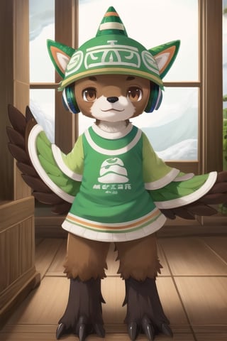 Sumi, 1boy, furry, green headphones, brown fur, brown eyes, green aztec hat, green sweater, brown feathers, bear nose, white muzzle, brown harpy wings, ((winged arms)), animal feet, kemono, perfect anatomy, solo, (insanely detailed, beautiful detailed face, masterpiece, best quality) standing split