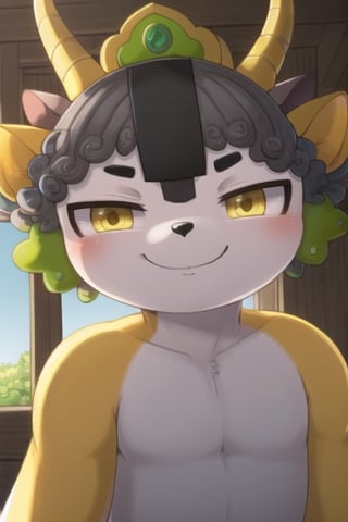 Yingying, 1boy, antelope, furry, yellow eyes, humanoid, slanted eyes, asian features, black animal nose, gray curly head hair, curly hair, yellow tiara, green headphones, yellow antelope antlers, horns, yellow antelope ears, white torso, (yellow limbs, black stripe in center of hair), kemono, perfect anatomy, solo, (insanely detailed, beautiful detailed face, masterpiece, best quality), score_9, score_8_up, score_7_up, smug expression