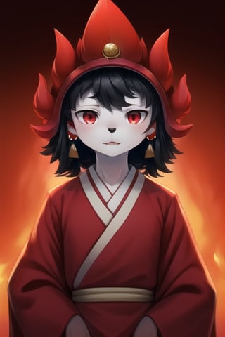 Huanhuan, 1boy, red eyes, triangle shaped nose, black nose, humanoid, white skin, black hair, (maroon helmet with red stripe and gold button), red earrings, red fire, white torso, (red limbs), perfect anatomy, solo, (insanely detailed, beautiful detailed face, masterpiece, best quality), kemono, red kimono