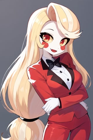 Charlie Morningstar, 1girl, long hair, blonde hair, colored skin, white skin, yellow sclera, red eyes, red cheeks, fangs, red suit, white shirt, black bowtie, red pants, perfect anatomy, female_solo, (insanely detailed, beautiful detailed face, masterpiece, best quality), score_9, score_8_up, score_7_up, highest quality, 8K, RAW photo