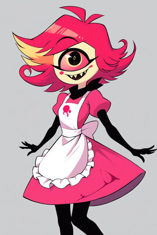 Niffty, 1girl, yellow skin, makeup, pink cheeks, (pink sclera), yellow eyes, short hair, pink-red hair with yellow streak, fangs, white apron, paint splatter, pink-red maid dress, pink puffy sleeves, black scarf, black pantyhose, black elbow gloves, (cyclops), perfect anatomy, female_solo, (insanely detailed, beautiful detailed face, masterpiece, best quality), score_9, score_8_up, score_7_up, highest quality, 8K, RAW photo, source_anime