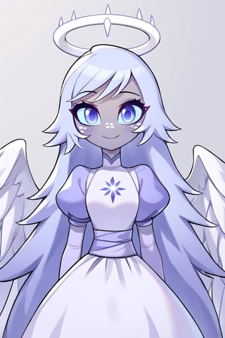 Emily, 1girl, angel, angel wings, purple eyes, colored skin, grey skin, white freckles, halo, light blue sclera, long hair, closed mouth, petite, smile, very long hair, white dress, long purple puffy sleeves, purple sash, white elbow fingerless gloves, white hair, perfect anatomy, female_solo, (insanely detailed, beautiful detailed face, masterpiece, best quality), score_9, score_8_up, score_7_up, highest quality, 8K, RAW photo, source_anime