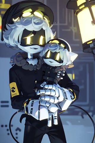 N (Murder Drones), 1boy, robot, cyber tail, syringe on tail, lights on head, black fluffy jacket, fur trim, black shorts, pilot hat, murder drone, android, robot, robot joints, glowing eyes, yellow eyes, white hair, white skin, perfect anatomy, solo, holding baby, upper body, smiling