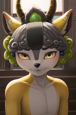 Yingying, 1boy, antelope, furry, yellow eyes, humanoid, slanted eyes, asian features, black animal nose, gray curly head hair, curly hair, yellow tiara, green headphones, yellow antelope antlers, horns, yellow antelope ears, white torso, (yellow limbs, black stripe in center of hair), perfect anatomy, solo, (insanely detailed, beautiful detailed face, masterpiece, best quality)