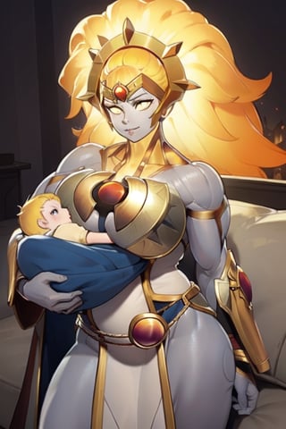  Dawnbreaker (Dota), glowing hair, yellow eyes, glowing eyes, colored skin, grey skin, 1girl, armor, blonde hair, glowing hair, long hair, fantasy goddess, glowing angelic being, curvy body, huge breasts, long robe, long dress, holy, breastplate, muscular, perfect anatomy, solo, BFMother, 1baby, mother holding baby, mother and baby, motherly, sofa, living room