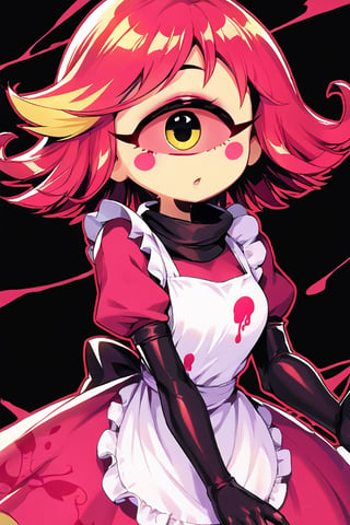 Niffty, 1girl, yellow skin, makeup, blush stickers, (pink sclera), yellow eyes, short hair, pink-red hair with yellow streak, white apron, paint splatter, maid, pink dress, pink puffy sleeves, black scarf, black pantyhose, black elbow gloves, (cyclops), perfect anatomy, female_solo, (insanely detailed, beautiful detailed face, masterpiece, best quality), score_9, score_8_up, score_7_up, highest quality, 8K, RAW photo