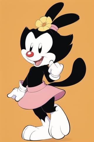 Dot Warner, 1girl, furry, anthropomorphic, black body, black head, white cheeks, white legs, black ears, mouth open, black tail, white eyelids, black eyes, red nose, white gloves, yellow flower on head, pink elastic band on ears, pink skirt, perfect anatomy, female_solo, no humans