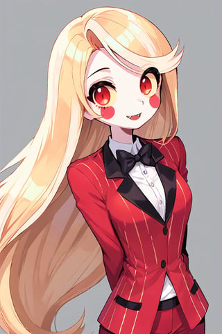 Charlie Morningstar, 1girl, long hair, blonde hair, colored skin, white skin, yellow sclera, red eyes, red cheeks, fangs, red suit, white shirt, black bowtie, red pants, perfect anatomy, solo, (insanely detailed, beautiful detailed face, masterpiece, best quality), score_9, score_8_up, score_7_up, highest quality, 8K, RAW photo