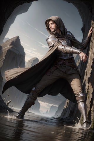 (Dynamic pose:1.3), (dynamic angle:1.2), (dutch angle:1.2), (facial_hair), (Male:1.3), (knight), (hooded_cloak), (short_hair), (dark_hair), (fantasy_armor), (flooding_cavern), (cloak), high detail, best quality, sharp eyes, detailed eyes, 4k, semi realistic, high resolution, high quality, 