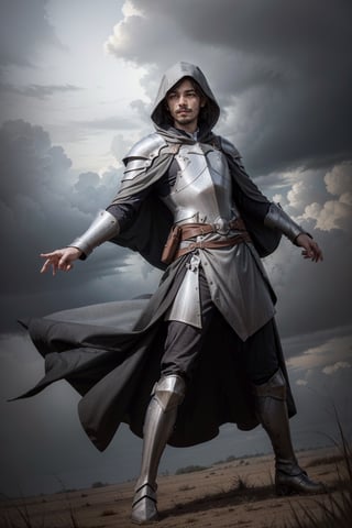 (Dynamic pose:1.3), (dynamic angle:1.2), (dutch angle:1.2), (facial_hair), (Male:1.3), (knight), (hooded_cloak), (short_hair), (dark_hair), (fantasy_armor), (plains), (stormy sky), (cloak), high detail, best quality, sharp eyes, detailed eyes, 4k, semi realistic, high resolution, high quality, 