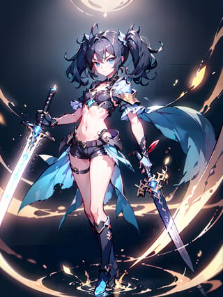 (masterpiece),  hyper quality,hyper details,1girl,solo, black hair,twintails,blue eyes,sullen, black crop top, shorts,boots,very thin,flat_chest,standing, holding sword, glowing sword,