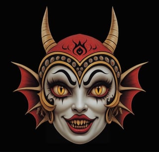 (masterpiece, top quality, best quality, highres) professional artwork, monster girl mask, looking at viewer, smile, open mouth, simple background, horns, teeth, mole, makeup, sharp teeth, lipstick, black background, portrait, colored sclera, freckles, red lips, head fins, yellow sclera, red iris, blonde hair, roborobocap, darkart,monster,darkart,roborobocap