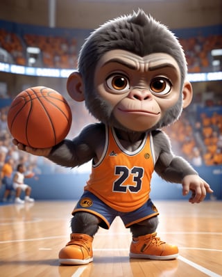 chibi,full body,(gorilla),basketball shirt,on court,shoes basketball,highest detail,zoom_out,perfect eyes,chibi style,3d style,