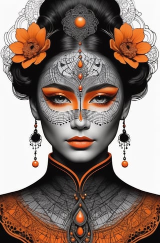 (facepaint,face tattoos), Wet black and orange color inks line art dreamy female portrait with lot of lace filigrees on black canvas illustration described in the perfect fractal style of Vassily Kandinsky, bailing-traditional opera,chinese clothes,
(masterpiece, top quality, best quality, official art, beautiful and aesthetic:1.2),
