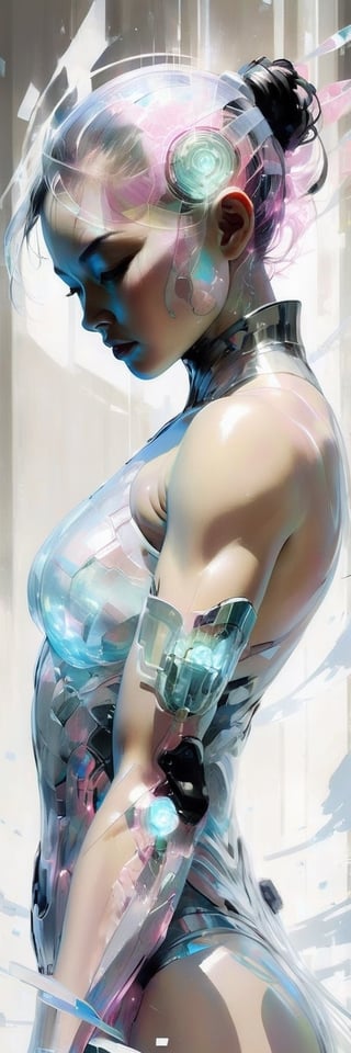 Cyborg woman Moa Kikuchi, transparent body, fractured, muscles torn, captured in a digital painting  styles of Jeremy Mann, transparent cinematic hologram, internal glow showcasing muscle tissue, nerves, resembling a gynoid with the whimsy of Samurai and mythical charm, Makoto Shinkai's layer of depth
,crystal_clear,SelectiveColorStyle,art_booster