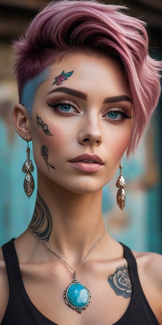 woman wearing Mannerpunk fashion, Mahogany skin, Ice Blue eyes, Turquoise blue Undercut, rose tattoo, portrait, character art, masterpiece, 8k, high resolution, shallow depth of field, sharp focus,crystal_clear