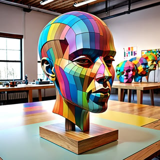 large multi colour (human head) sculpture on table, in the style of sketchfab, color gradients, collecting and modes of display,  craftcore, wood, 
