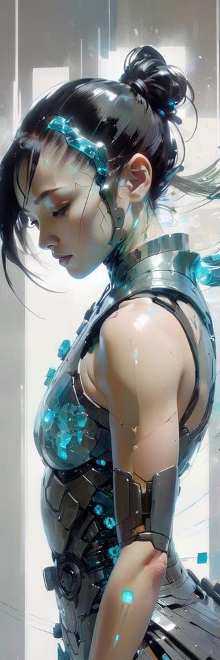 Cyborg woman Moa Kikuchi, transparent body, fractured, muscles torn, captured in a digital painting  styles of Jeremy Mann, transparent cinematic hologram, internal glow showcasing muscle tissue, nerves, resembling a gynoid with the whimsy of Samurai and mythical charm, Makoto Shinkai's layer of depth
,crystal_clear,SelectiveColorStyle,art_booster