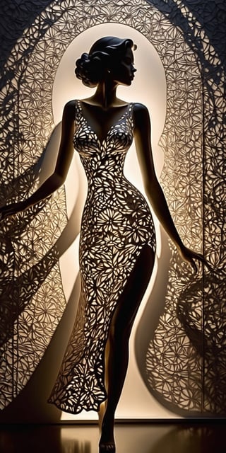 cucoloris patterned illumination, casting shadow style,In a dimension of abstract sophistication, a woman's figure becomes the focal point of an elaborate interplay of shadows. 