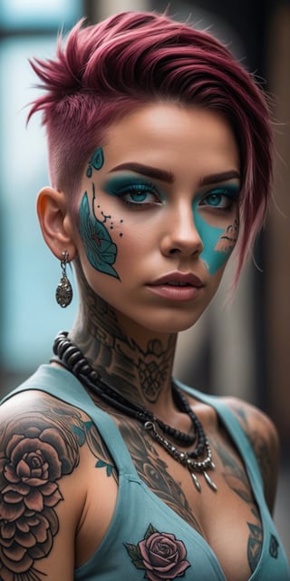 woman wearing Mannerpunk fashion, Mahogany skin, Ice Blue eyes, Turquoise blue Undercut, rose tattoo, portrait, character art, masterpiece, 8k, high resolution, shallow depth of field, sharp focus,