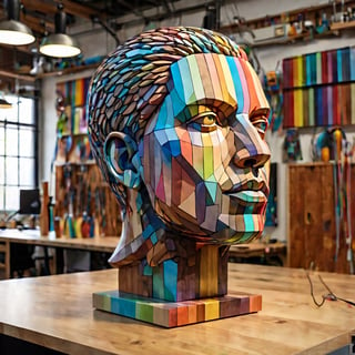 large multi colour (human head) sculpture on table, in the style of sketchfab, color gradients, collecting and modes of display,  craftcore, wood, 
