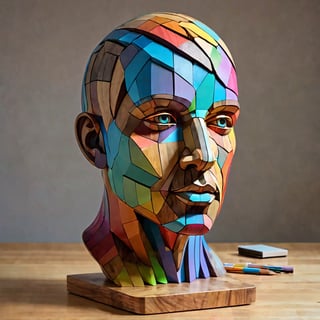 large multi colour (human head) sculpture on table, in the style of sketchfab, color gradients, collecting and modes of display,  craftcore, wood, 
