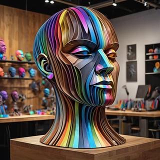 large multi colour (human head) sculpture on table, in the style of sketchfab, color gradients, collecting and modes of display, metallic rotation, craftcore, wood, spiral group, background is black
