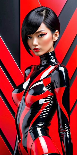 woman, Art inspired by [Kenzo Tange | Kisho Kurokawa | Fumihiko Maki | Arata Isozaki | Hiroshi Hara | Toyo Ito] in the style of (futuristic, modular, bold colors, organic, adaptable, red and black palette, innovative, dynamic, structural, artistic, modern, bold, unique, sophisticated, visionary, chic, impactful, expressive, sleek, creative).