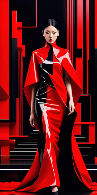 .woman, dress designed by world-famous architects, Art inspired by [Kenzo Tange | Kisho Kurokawa | Fumihiko Maki | Arata Isozaki | Hiroshi Hara | Toyo Ito] in the style of (futuristic, modular, bold colors, organic, adaptable, red and black palette, innovative, dynamic, structural, artistic, modern, bold, unique, sophisticated, visionary, chic, impactful, expressive, sleek, creative).