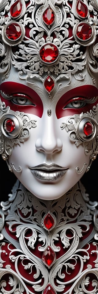 An ornate automaton face, baroque embellishments, delicate filigree, silver and crimson accents, high-resolution, regal mechanical complexity, intricate silver textures.