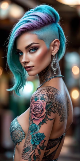 woman wearing Mannerpunk fashion, Mahogany skin, Ice Blue eyes, Turquoise blue Undercut, rose tattoo, portrait, character art, masterpiece, 8k, high resolution, shallow depth of field, sharp focus,crystal_clear