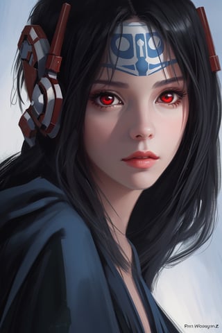 wgz style,portrait of a beautiful women face highly detailed, Black Hair, Red Eyes, Star Wars, Jedi Knights,wlop