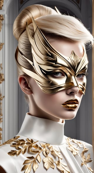 Portrait of a contemporary young woman, blonde hair styled in a sleek, avant-garde updo, adorning a pristine white haute couture dress with daring cuts and bold gold leaf accents. She sports a fragmented porcelain mask, the cracks filled with shimmering gold, invoking a rebellious spirit. The mask covers half of her face, enhancing her intense, serious gaze that challenges the viewer. The background is a void of deep shadows, with a single source of dramatic light casting a luminous glow on her, highlighting the metallic sheen and architectural silhouette of her attire. This fashion-forward portrayal juxtaposes her classical beauty with an edgy, provocative aura in a modern artistic expression.