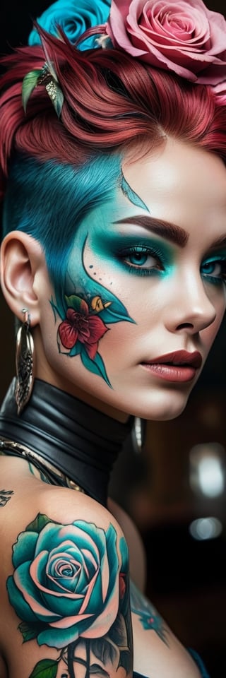 woman wearing Mannerpunk fashion, Mahogany skin, Ice Blue eyes, Turquoise blue Undercut, rose tattoo,  character art, masterpiece, 8k, high resolution, shallow depth of field, sharp focus,Leonardo