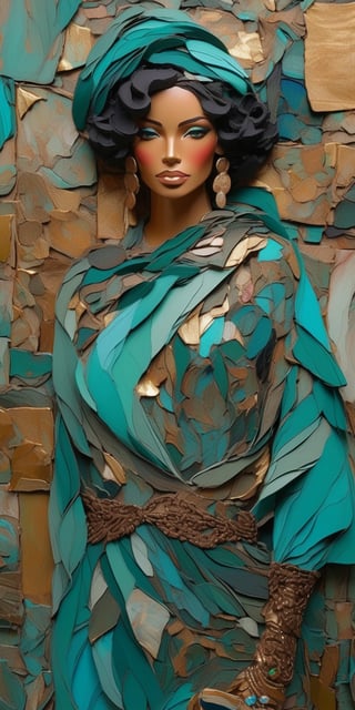 a closeup portrait of a woman adorned in gossamer fabrics and gold jewelry, captured in the textured abstract expressionism style, dark bronze and teal palette, detailed recycled material murals as backdrop, clothing exquisitely detailed, surrounded by altered books and abstract whispers that tell her story