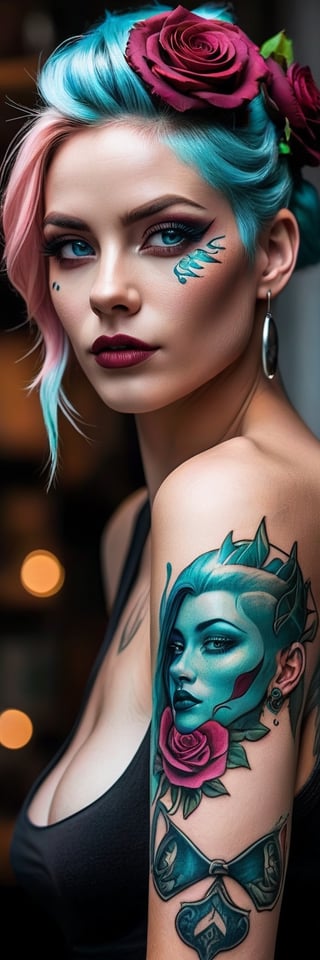 woman wearing Mannerpunk fashion, Mahogany skin, Ice Blue eyes, Turquoise blue Undercut, rose tattoo,  character art, masterpiece, 8k, high resolution, shallow depth of field, sharp focus,Leonardo