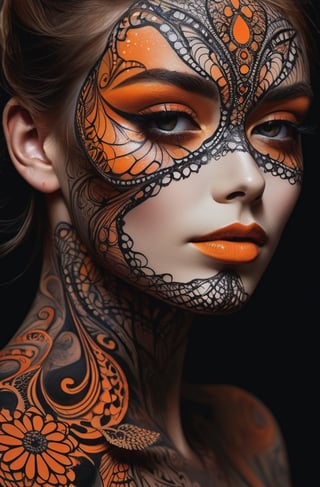 (facepaint,face tattoos), Wet black and orange color inks line art dreamy female portrait with lot of lace filigrees on black canvas illustration described in the perfect fractal style of Vassily Kandinsky, bailing-traditional opera,nude, upper body, 
(masterpiece, top quality, best quality, official art, beautiful and aesthetic:1.2),
