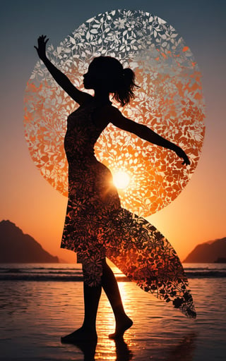 1 girl, solo, standing_split, Silhouette Art of  a girl, multiple exposure, sunset, enhance, intricate, (best quality, masterpiece, Representative work, official art, Professional, unity 8k wallpaper)
