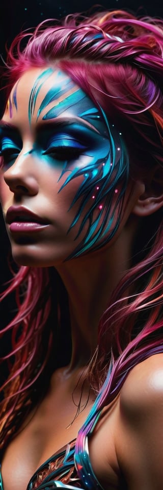 xtraterrastrial ultra brutal cosmic badass, magazine cover photostudio shot, energy, full height, alien planet, Carne Griffiths, Ralph Horsley, facepaint, beautiful hair, beautiful hairstyle, chiaroscuro, cinematic light, rim light, ambient light, neon light, ultra high textured, ultra high quality