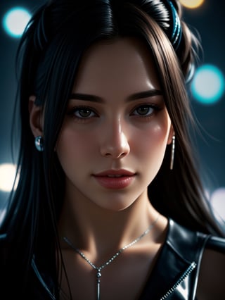 (best quality:1.0), (ultra highres:1.0), 1 girl, detailed beautiful skin, (kind smile:1.0), solo, (masterpiece:1.0), (best quality:1.4), (ultra highres:1.2), (photorealistic:1.4), 8k resolution, Canon EOS R5, 50mm, absurdres, ultra detailed, sharp focus, cinematic lighting, detailed beautiful face, petite figure, detailed skin texture, pale skin, thigh gap, detailed hair, random hair style, perfect eyes, detailed eyes, (glistening skin1.15), ((portrait photo)), hair accessories, ear rings, futuristic, complex background, cyberpunk city street, night, cyborg, robotic parts, futuristic weapons and accessories, ray lighting, backlighting, closeup photo, blue tone background,<lora:659111690174031528:1.0>