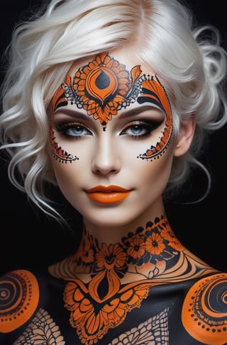 (facepaint, bodypaint,body tattoos), Wet black and orange color inks line art dreamy female portrait with lace filigrees on black canvas illustration described in the perfect fractal style of Vassily Kandinsky, white hair,  seductive smile, nude, (((upper body))), 
(masterpiece, top quality, best quality, official art, beautiful and aesthetic:1.2), upperbody
,photo r3al