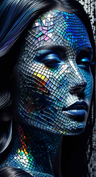 TranslucentGeometry, woman, flowing hair and skin resembling shattered black glass interwoven with geometric patterns, reflecting a complex interplay of colorful abstract and real elements of her surroundings. This stark, monochromatic palette is enriched with bursts of iridescent colors—vivid blues, purples, and greens—that highlight her introspective and poignant expression. Beneath her translucent skin, the skeletal structures incorporate geometric forms, adding an intricate layer of design and delving into themes of identity and self-perception. Rendered in 4K 3D, the focus is on the dark, fragmented texture intertwined with precise geometric lines and dramatic lighting that casts deep, structured shadows interplayed with colorful light reflections, creating an enigmatic and intense atmosphere. Integrate elements of fine white and silver particles forming crystalline shapes across her body, with light and shadows dynamically interacting within the geometrically fragmented form. Artistic motifs include a swirling vortex with angular edges, cosmic waves rendered in sapphire tones with vector-style graphics, and ethereal Yarn DNA structures resembling a sequence of interconnected polygons against a backdrop of a stark, minimalist white wall. Above her, the sky melds surreal cracks with a structured, grid-like pattern, illuminated by a twilight sunset that casts a spectrum of chromatic hues, enhancing the blend of surrealism and structured reality.