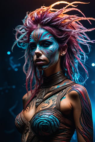 xtraterrastrial ultra brutal cosmic badass, magazine cover photostudio shot, ultra wide angle, energy, full height, alien planet, Carne Griffiths, Ralph Horsley, facepaint, beautiful hair, beautiful hairstyle, chiaroscuro, cinematic light, rim light, ambient light, neon light, ultra high textured, ultra high quality