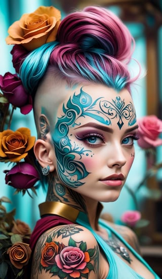 woman wearing Mannerpunk fashion, Mahogany skin, Ice Blue eyes, Turquoise blue Undercut, rose tattoo, portrait, character art, masterpiece, 8k, high resolution, shallow depth of field, sharp focus,Leonardo