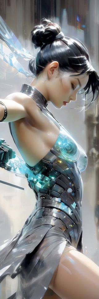 Cyborg woman Moa Kikuchi, transparent body, fractured, muscles torn, captured in a digital painting  styles of Jeremy Mann, transparent cinematic hologram, internal glow showcasing muscle tissue, nerves, resembling a gynoid with the whimsy of Samurai and mythical charm, Makoto Shinkai's layer of depth
,crystal_clear,SelectiveColorStyle,art_booster