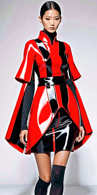 This fashion piece is where traditional Japanese aesthetics meet the futuristic vision of Metabolism, creating a bold statement of adaptability and change.woman, Art inspired by [Kenzo Tange | Kisho Kurokawa | Fumihiko Maki | Arata Isozaki | Hiroshi Hara | Toyo Ito] in the style of (futuristic, modular, bold colors, organic, adaptable, red and black palette, innovative, dynamic, structural, artistic, modern, bold, unique, sophisticated, visionary, chic, impactful, expressive, sleek, creative).